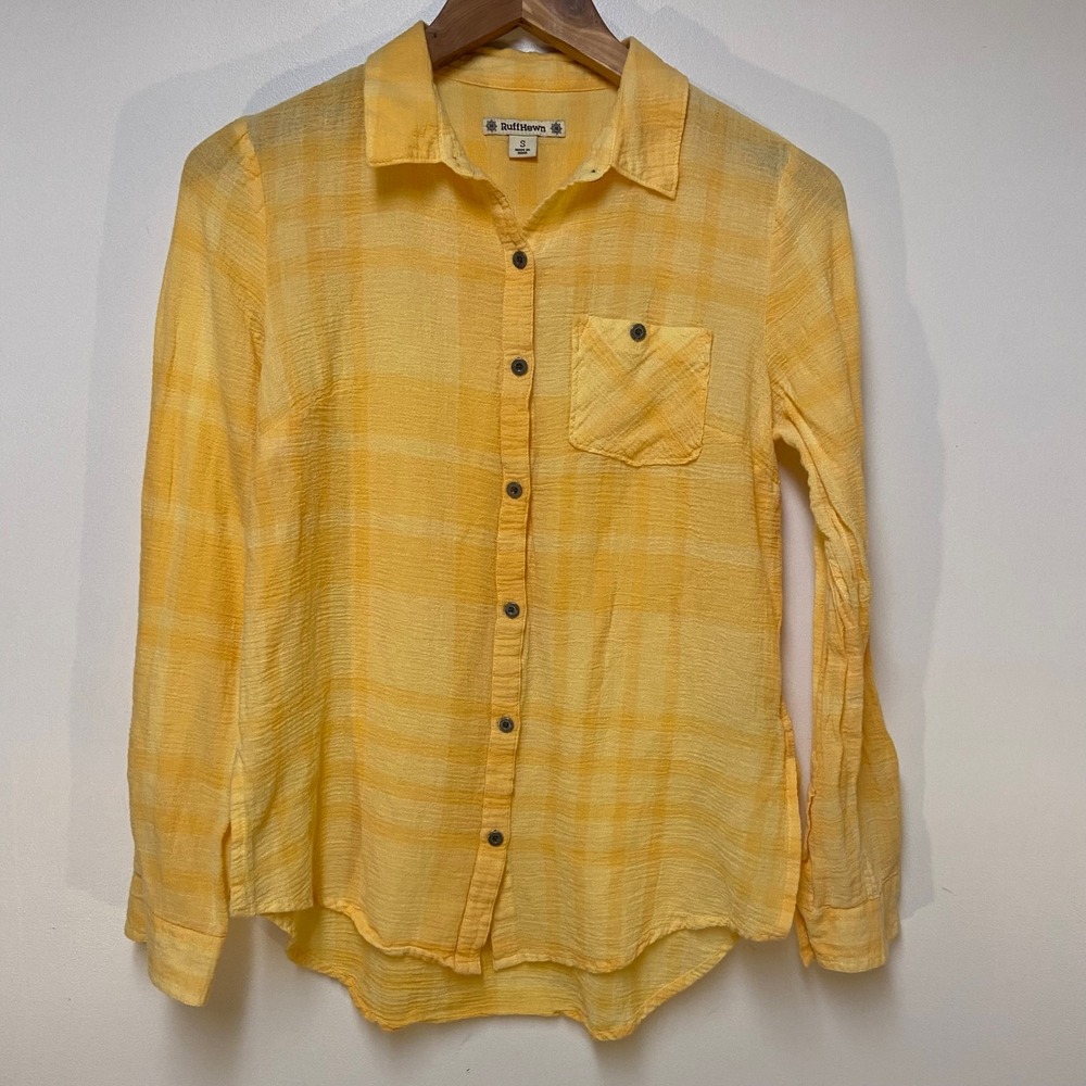 RuffHewn Button Down Shirt Womens Gauze Small Yellow Plaid Textured Long Sleeve